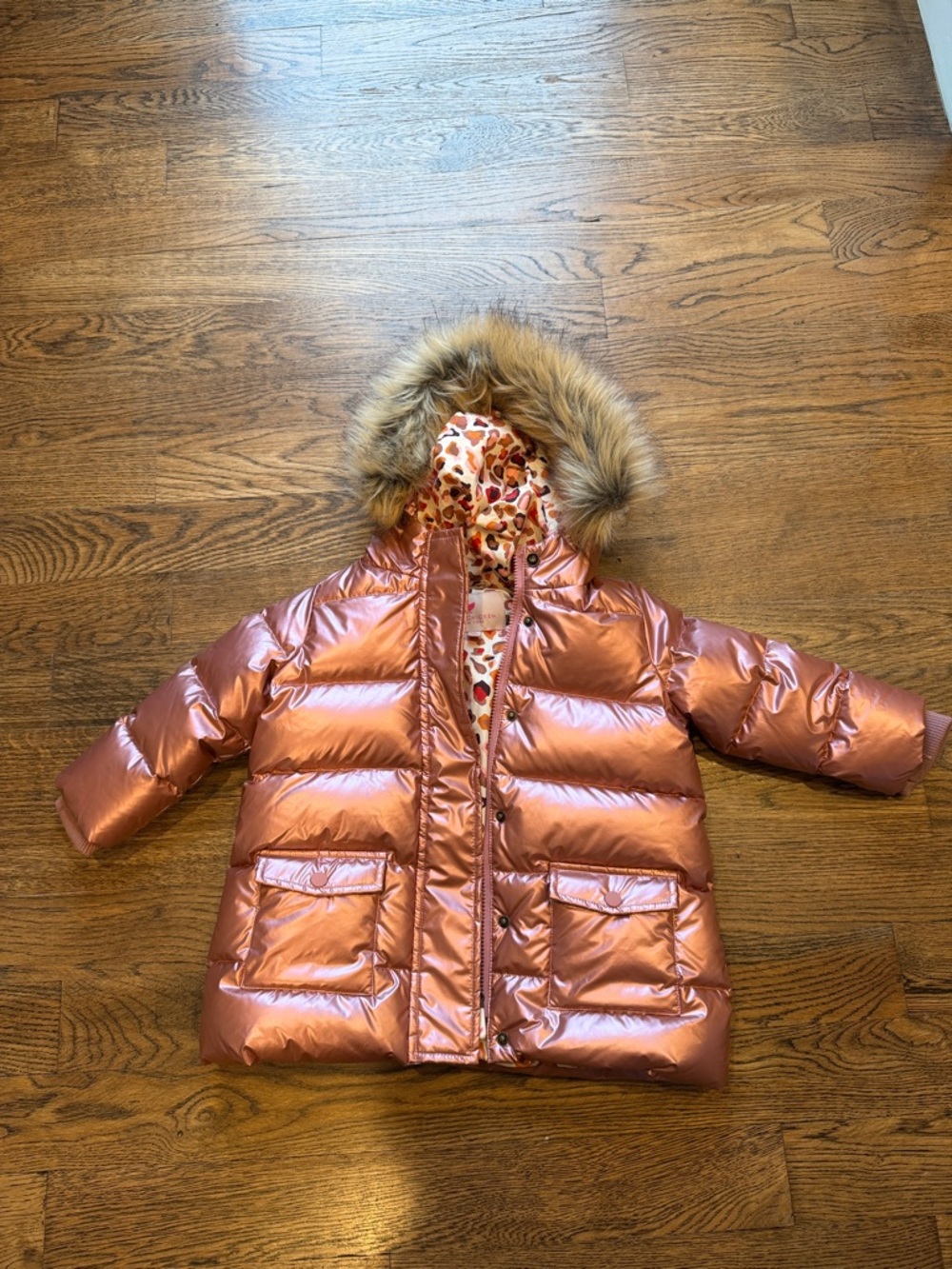 Pink Chicken Metallic Rose Pink Puffer Jacket w/ Multicolor Leopard Lining Sz 2y